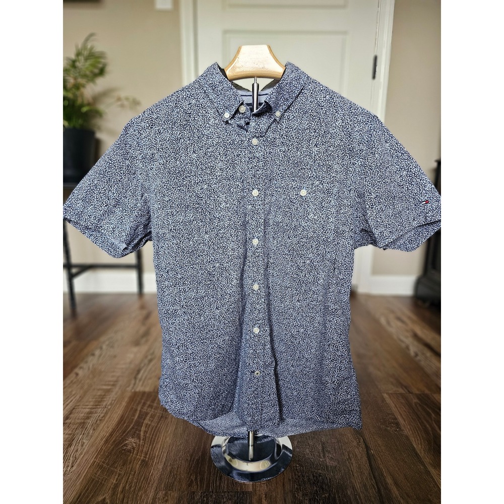 Tommy Hilfiger Mens New York Fit Short Sleeve Button Down Shirt Navy White M